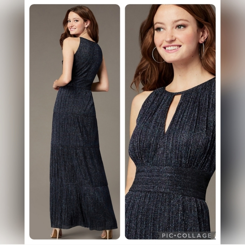 Shimmery Black Blue Flowy Metallic Maxi Pleated Cutout Dress Size Small 2, 4